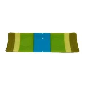 Fused Art Glass Tray Entry Dresser Desk Rectangle Aqua Yellow Green Bands Marked - Picture 1 of 12