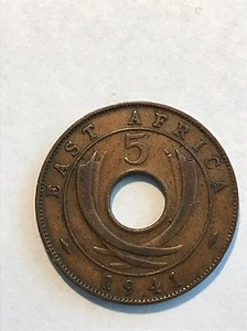 1941 FIVE CENTS EAST AFRICA KING GEORGE VI COIN - Picture 1 of 2