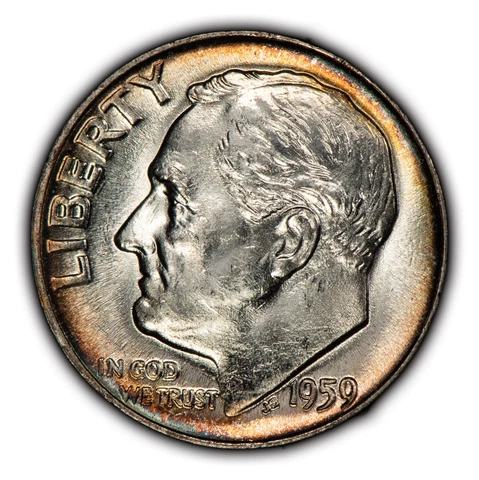 1959 10c Roosevelt Silver Dime - Rainbow Rim Toning - BU - SKU-Y5124 Cover