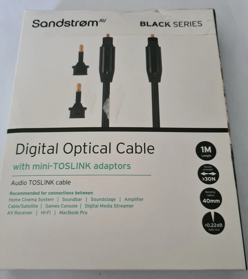 SANDSTROM BLACK SERIES S1OPT114X DIGITAL OPTICAL CABLE - 1M  w/ TOSLINK adaptors - Image 1 of 1