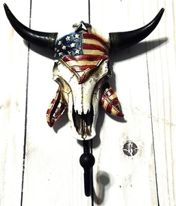 U. S. Flag Cow Skull Wall Hook 6 1/2 x 6 inches Resin New - Picture 1 of 3