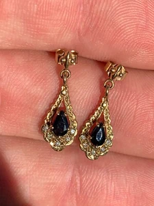 9ct gold sapphire diamond earrings, vintage 9k 375 - Picture 1 of 7