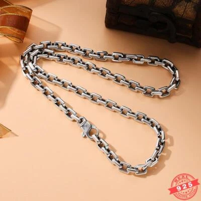 Collar retro de hip hop de cadena rectangular pesada de plata esterlina 925 real de 7 mm para hombre Foto 1 de 4