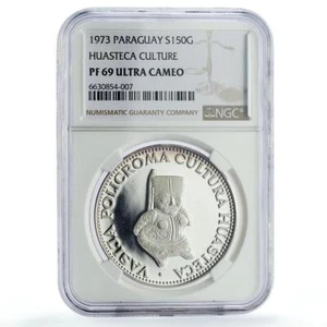 Paraguay 150 guaranies Huasteca Sculpture Statue Art PF69 NGC silver coin 1973 - Picture 1 of 2