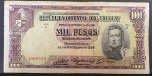 URUGUAY, 1939, 1000 PESOS, Currency Note, USED / CIRCULATED - Bild 1 von 2