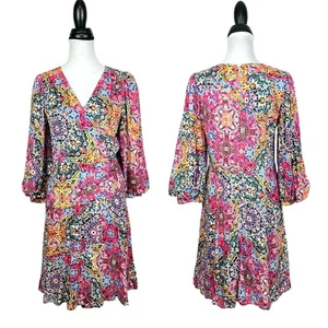 Calvin Klein 10 Pink Print 3/4 Puff Sleeve Knee Length Spring Colorful Dress - Picture 1 of 10