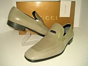 New GUCCI Men US 10 UK 9.5 Moss Green Leather Logo Silver Plate Loafers Shoes BX - Picture 1 of 12