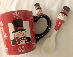 PIL Weihnachten Schneemann Becher mit Schneemann Löffel. Schneemann Griff 4" hoch. - Bild 1 von 10