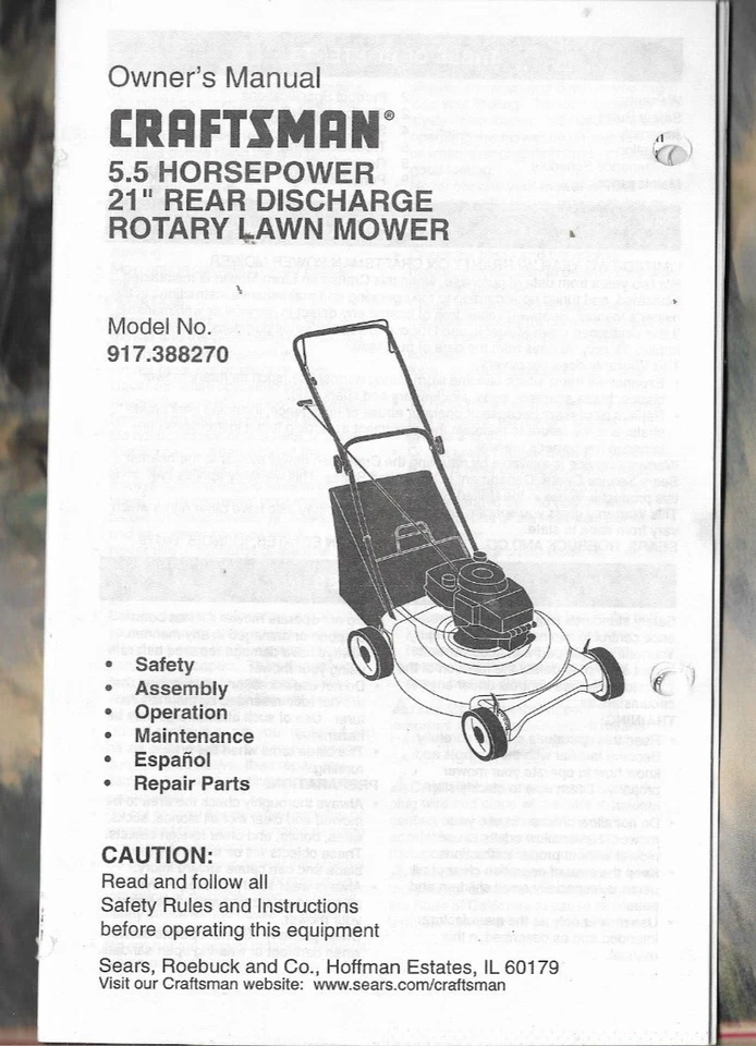 CRAFTSMAN 5.5 HP 21" DESCARGA TRASERA CORTACÉSPED ROTATIVO 917.388270 Manual del propietario Foto 1 de 2