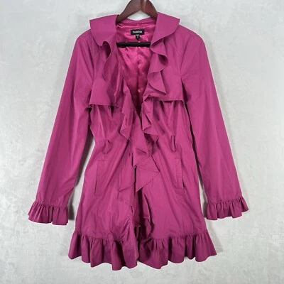 Vintage Bebe Jacket Womens M Pink Ruffle Trench Satin Lined Y2K Glam Fitted Long - Image 1 of 4