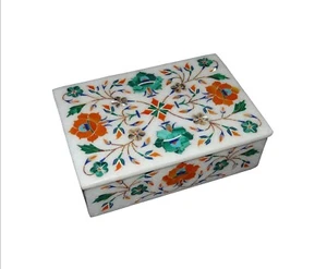 Marble Jewelry Box / Multicolor Stones Inlay Box / Marble Keepsake Box for Gifts - Picture 1 of 6