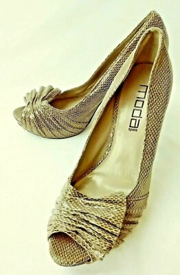 Moda Spana Womens Heels Pumps 7 M Brown Snake Embossed Leather Peep Toe 2397 - Image 1 of 4