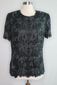 Papell Boutique Silk Sequin All Over Black Silver Floral Black Evening Top L - Imagen 1 de 9