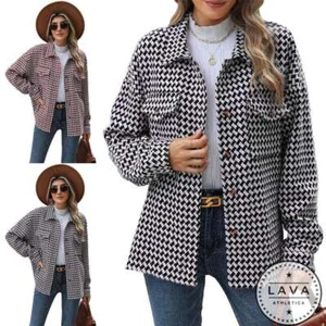 Women's Fahion Houndstooth Jacket Winter Coat Ladies Collar Neck Casual Jacket - Picture 1 of 14