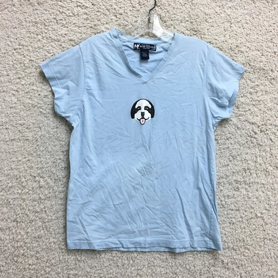 Camisa Big Dogs Grande Adulto Azul Cuello en V Bordada Perro Manga Corta Informal Mujeres Foto 1 de 4