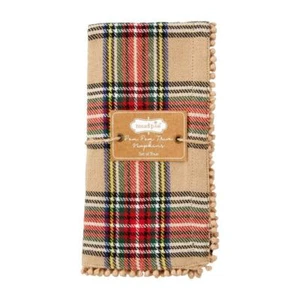 Mud Pie Tan Brown Tartan Plaid Christmas Cloth Napkin Set of 4 with Pom Pom Trim - Picture 1 of 1
