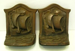 Vtg Heavy Metal Pair Bookends Clipper Ship Sailing Boat Nautical Bronze Color - Picture 1 of 4