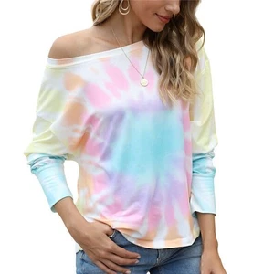Felpa donna tie dye manica lunga spalle scoperte maglione oversize pullover top - Foto 1 di 8