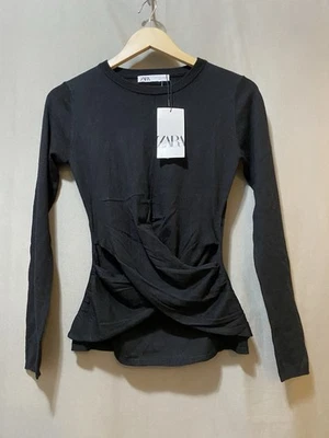 NUEVO CON ETIQUETAS ZARA Mujeres Manga Larga Entrecruzada Frontal Lana Mezcla Seda Suéter Talla S Negro Foto 1 de 4