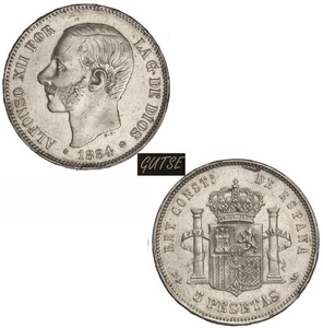 SPANIEN, 251-ALFONSO XII, 5 PESETEN 1884*18-84, MADRID MS M, AXF. - Bild 1 von 1