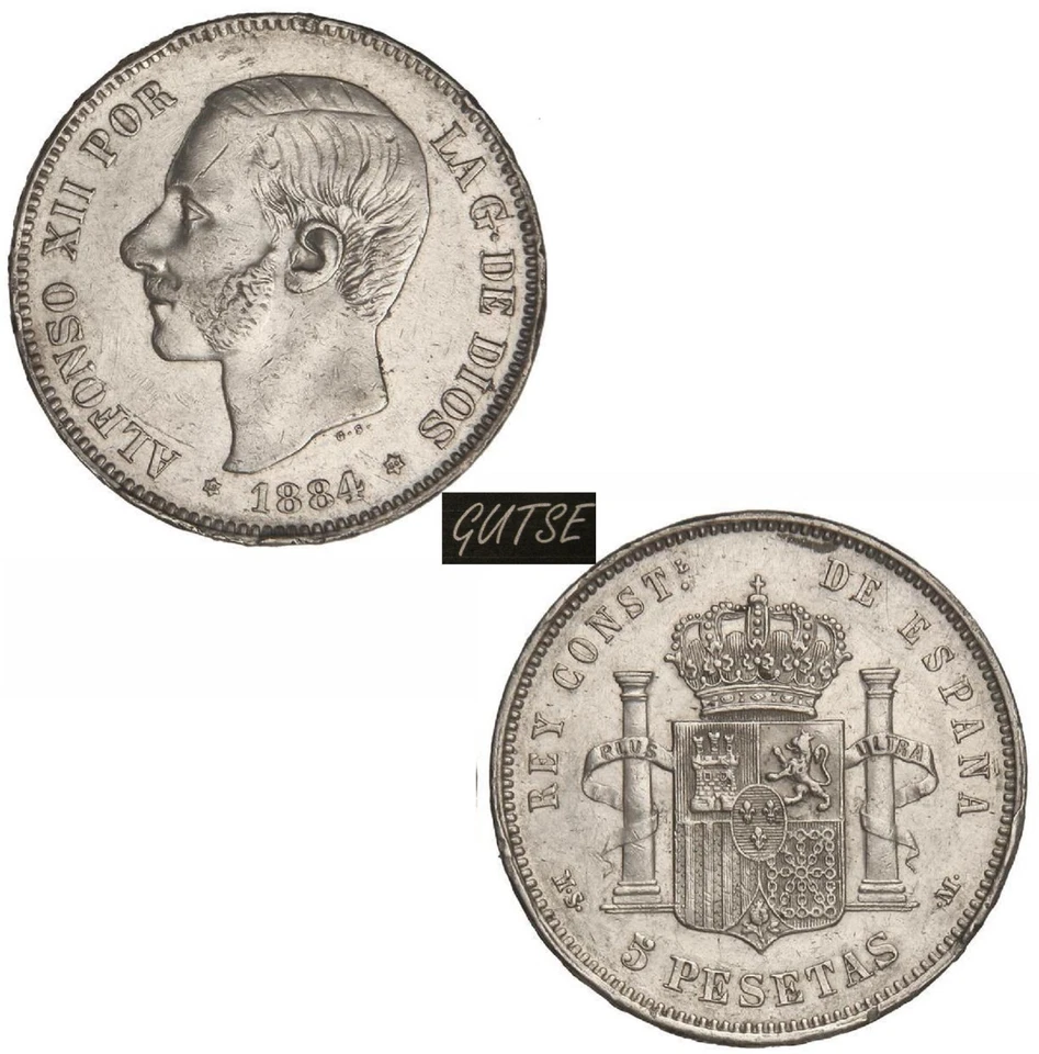 SPAIN, 251-ALFONSO XII, 5 PESETAS 1884*18-84, MADRID MS M, AXF. - Image 1 of 1