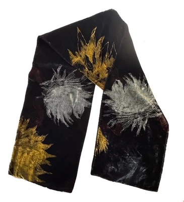 GEORGINA Von ETZDORF Oblong Scarf Silk Velvet Black Silver Gold Sunflowers Print - Image 1 of 4
