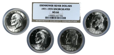 EISENHOWER Silver Dollars NGC 1971 1972 1973 1974 UNC MS 66 Dollars 101-104 - Image 1 of 3
