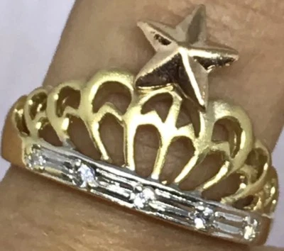 GOLD 14k crown ring tiara princess tri cz star Size 7 5 6 8 9 4.1g  - Image 1 of 4