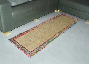 Floor Carpet Jute with Cotton Border Hand Braided Farmhouse Jute Area Rug Runner - Picture 1 of 8