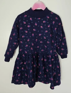 Vintage Girls Age 3-4 Navy Blue with Pink Flowers Long Sleeve Jumper Dress - Picture 1 of 14