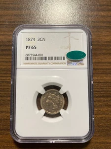 1874-P Three Cent Nickel 3CN NGC PROOF PR PF 65 CAC RARE - Picture 1 of 4