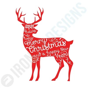 MERRY CHRISTMAS TEXT RED REINDEER YEAR - IRON ON TSHIRT TRANSFERS - A6 A5 A4 - Picture 1 of 5