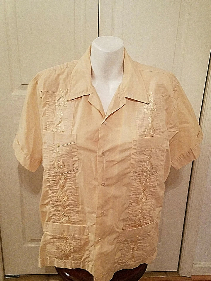 Vintage 70s Guayabera Chichen Itza Mens L Wedding Beige Shirt Cuban - Image 1 of 1