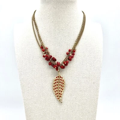 Red Beaded Necklace Gold Leaf Pendant Layered Chain Statement Jewelry - Image 1 of 4