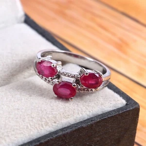 Natural Ruby Ring Three Stone Delicate Promise Handmade 925 Sterling Silver Boho - Picture 1 of 3