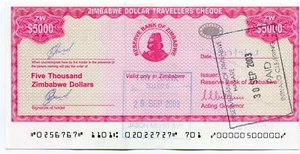  Zimbabwe Dollar Travellers Cheque $5 000 P16 Cutting Error shortened border - Picture 1 of 2