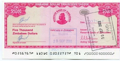  Zimbabwe Dollar Travellers Cheque $5 000 P16 Cutting Error shortened border - Image 1 of 2