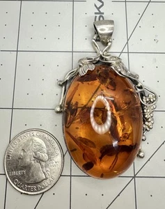 Big NOS Sterling Silver Natural Baltic Amber Handcrafted Organic Pendant - Picture 1 of 11