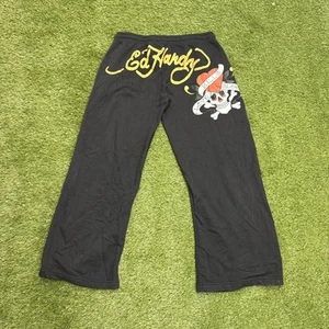 Ed Hardy Sweats Womens Large Black Vintage Y2K Sweatpants Skull Graphic Wide Leg - Picture 1 of 12