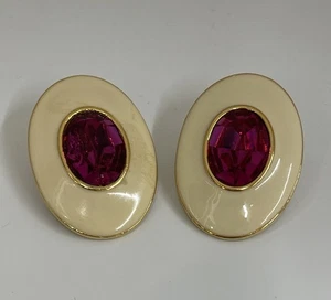 YVES SAINT LAURENT fuschia rhinestones cream enamel clip earrings - Bild 1 von 8