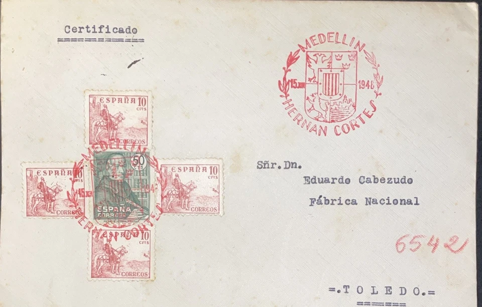 Sobre certificado matasello especial MEDELLÍN HERNÁN CORTES - Imagen 1 de 1