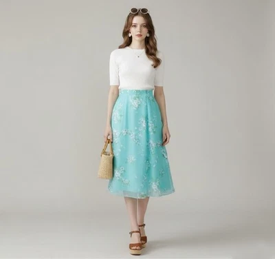 WOMEN'S 70S VINTAGE THE SOUND OF MUSIC STYLE, FLOATY FLORAL MIDI SUMMER SKIRT - Image 1 of 4