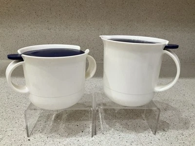 Tupperware White Creamer & Sugar Set Blue Lids 2309A-4, 2310A-2, 2311A-3 - Image 1 of 4