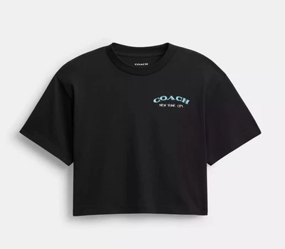 Camiseta para mujer Coach negra de cuero con collage recortada de algodón orgánico (CBF41) S Foto 1 de 4
