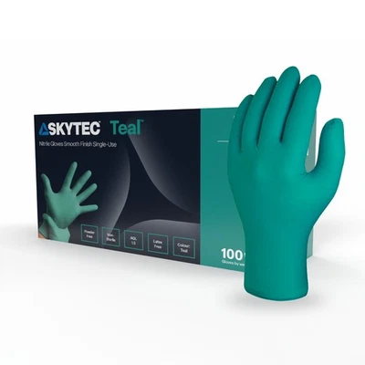 Skytec Teal Nitrile Disposable Gloves Box 100 – Powder Free Latex Free Food Safe - Image 1 of 4