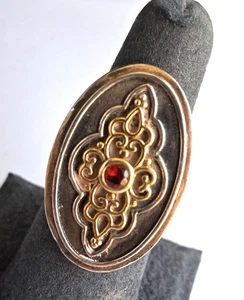 Vintage 925 Sterling Silver Ring Etruscan Oval Gold Coloring Red Stone Size 7 - Picture 1 of 7
