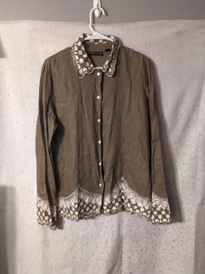 Dana Buchman Women’s Size 12 Brown 100% Linen Blouse Button Up Embroidered Boho - Picture 1 of 7