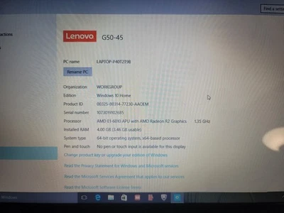 15.6" Lenovo G50-45  AMD E1 1.35 Ghz 4GB RAM 500 GB HDD  Win 10 Pro -TOUCHSCREEN - Image 1 of 4