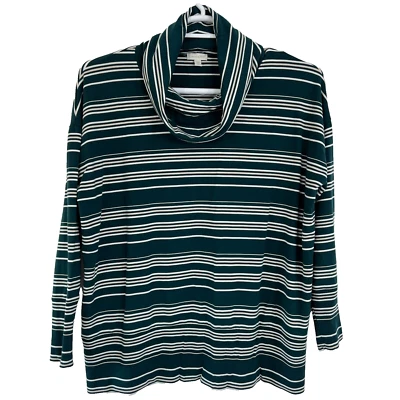 Garnet Hill  Sweater Oversized Turtleneck Womens Medium Green White Striped Boho - Image 1 of 4
