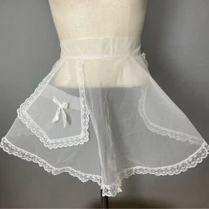 Vintage Half Apron White Flared Pocket Bow Lace Hem Retro Hostess Tie-Back - Picture 1 of 6